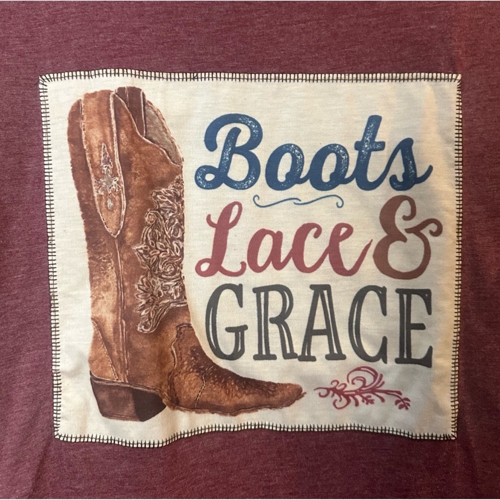 Southern Grace‎ Women’s “Boots, Lace, & Grace” Burgundy Tee Size XL - Picture 3 of 5